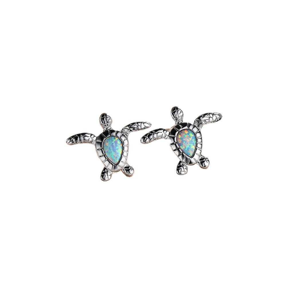 Fashion Platinum White Opal Turtle Stud Earrings-Jewearrings