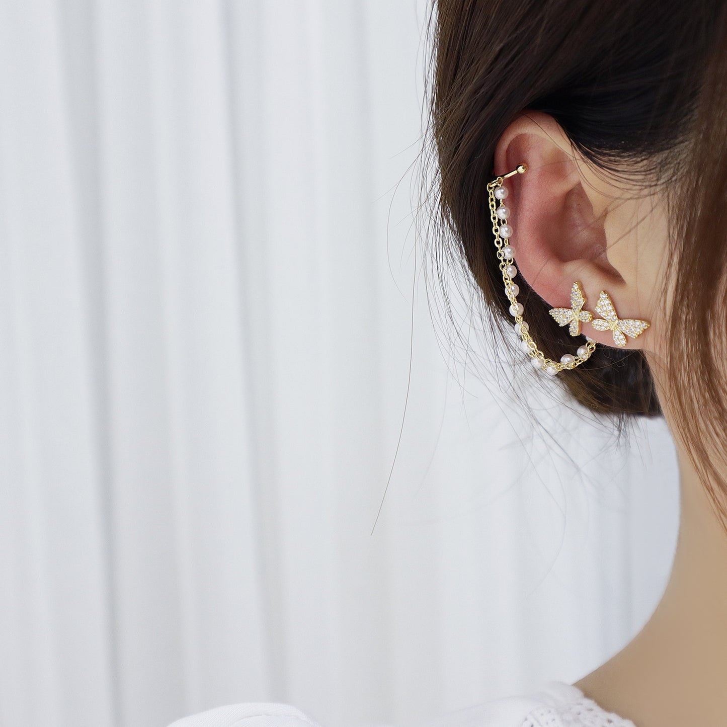 Zircon Temperament Pearl Chain Back Hanging Type Two Ear Bone Clip Earrings-Jewearrings