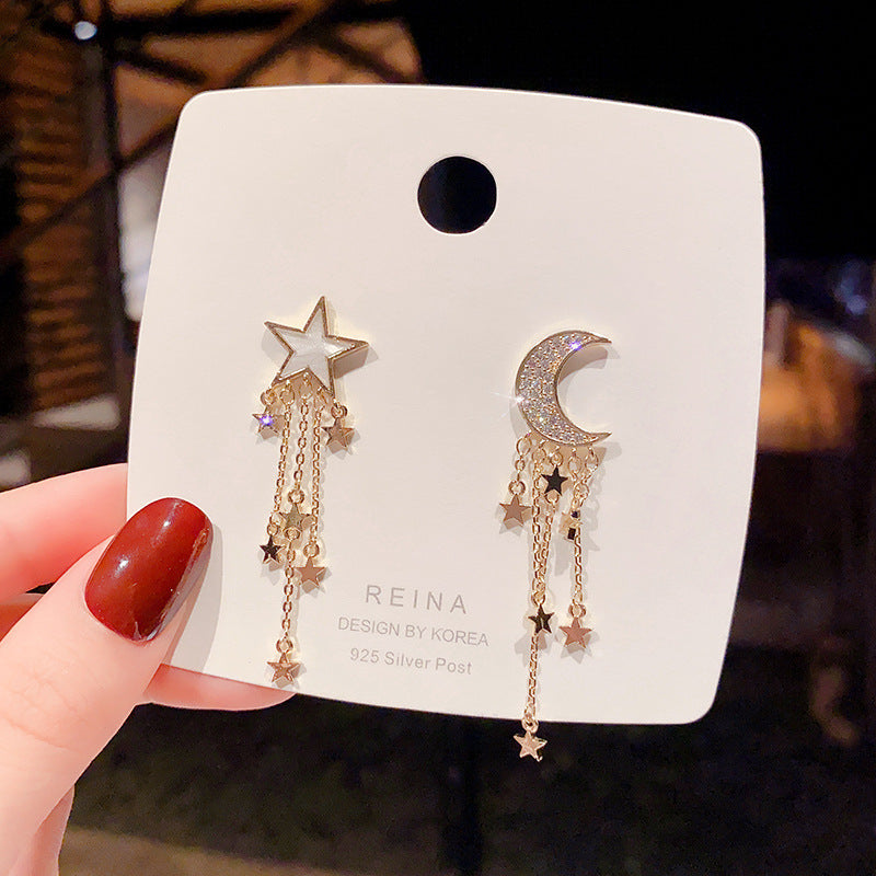 925 Silver Needle Star and Moon Asymmetric Tassel Earrings-Jewearrings