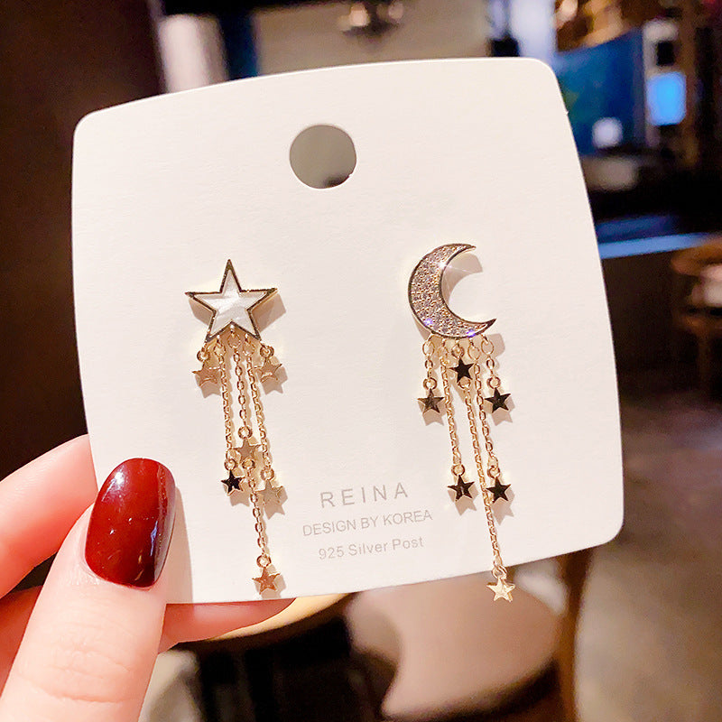 925 Silver Needle Star and Moon Asymmetric Tassel Earrings-Jewearrings