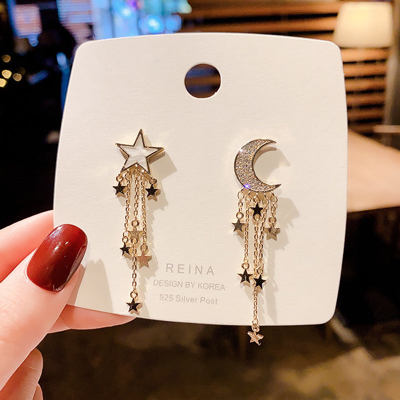 925 Silver Needle Star and Moon Asymmetric Tassel Earrings-Jewearrings