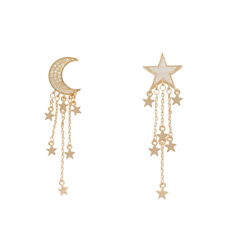 925 Silver Needle Star and Moon Asymmetric Tassel Earrings-Jewearrings