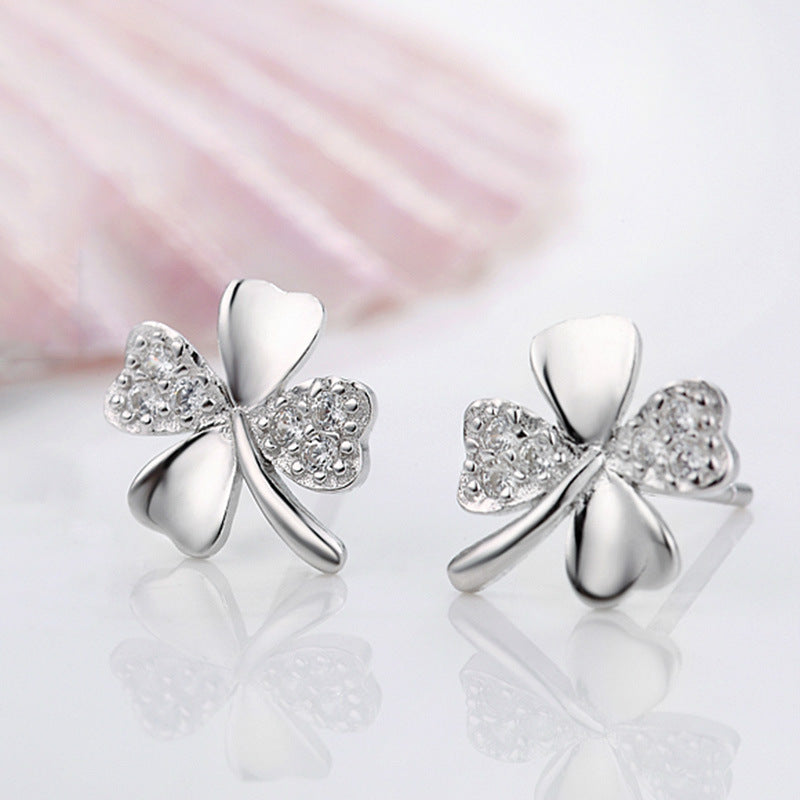 Lucky Leaf Clover Love Silver Plated Stud Earrings-Jewearrings