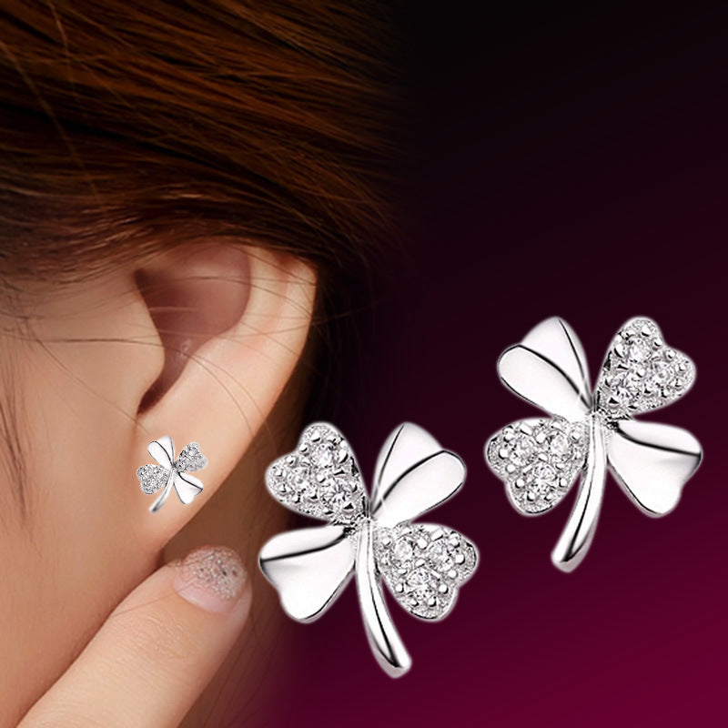 Lucky Leaf Clover Love Silver Plated Stud Earrings-Jewearrings