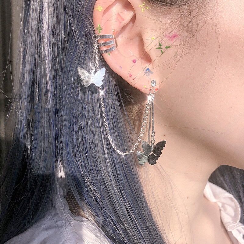 Butterfly Pendant Chain Tassel Earrings Ear Bone Clip-Jewearrings