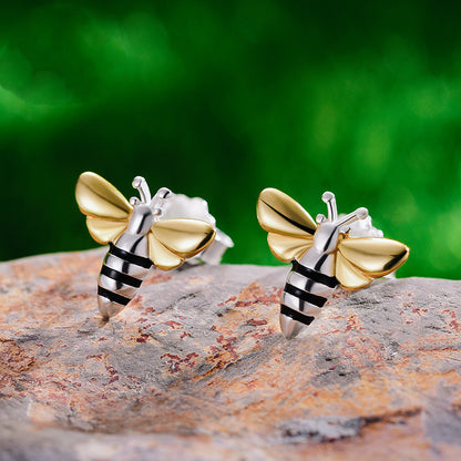 Cute Bee Color Separation Sterling Silver S925 Women's Earrings-Jewearrings