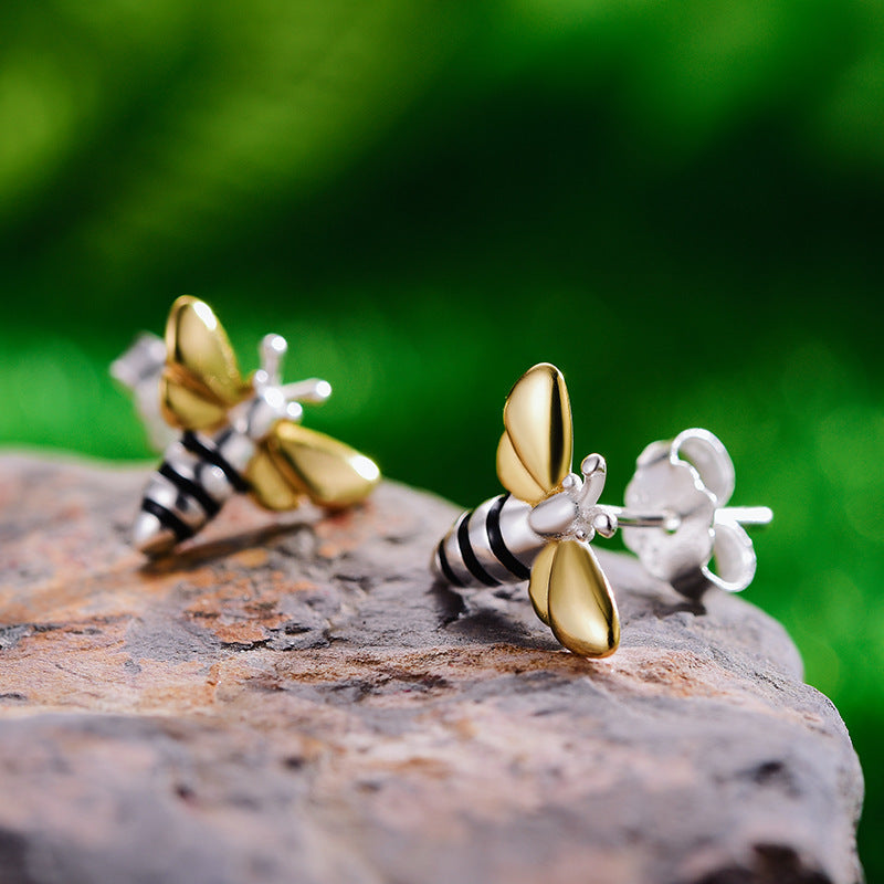 Cute Bee Color Separation Sterling Silver S925 Women's Earrings-Jewearrings