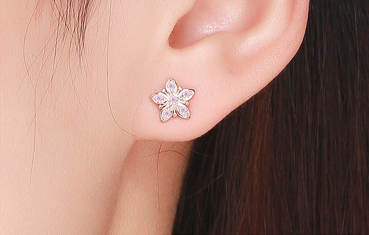 Sterling Silver Pink Zircon Flower Earrings Female Rose Gold Plated Cross-border Fashion Earrings-Jewearrings