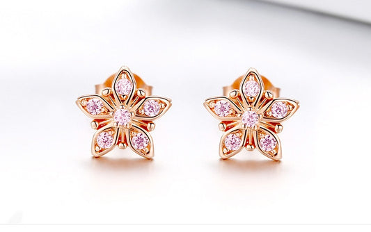 Sterling Silver Pink Zircon Flower Earrings Female Rose Gold Plated Cross-border Fashion Earrings-Jewearrings