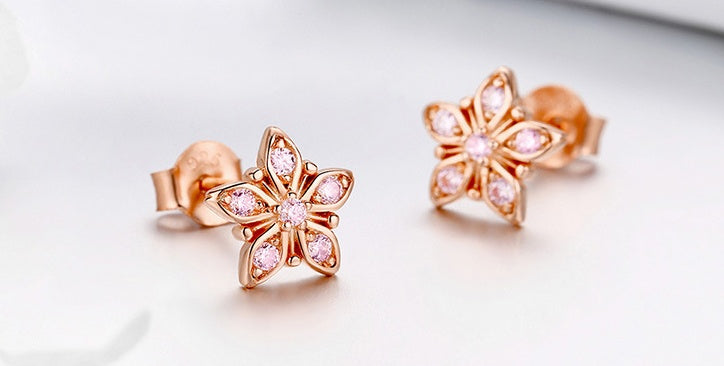 Sterling Silver Pink Zircon Flower Earrings Female Rose Gold Plated Cross-border Fashion Earrings-Jewearrings