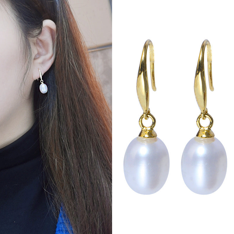 Silver Freshwater Pearl Ear Hooks Show Temperament All-Match Drop-Shaped Earrings-Jewearrings