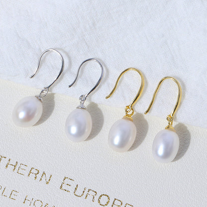 Silver Freshwater Pearl Ear Hooks Show Temperament All-Match Drop-Shaped Earrings-Jewearrings