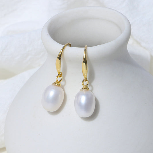 Silver Freshwater Pearl Ear Hooks Show Temperament All-Match Drop-Shaped Earrings-Jewearrings