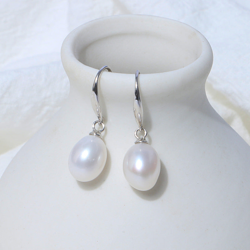 Silver Freshwater Pearl Ear Hooks Show Temperament All-Match Drop-Shaped Earrings-Jewearrings