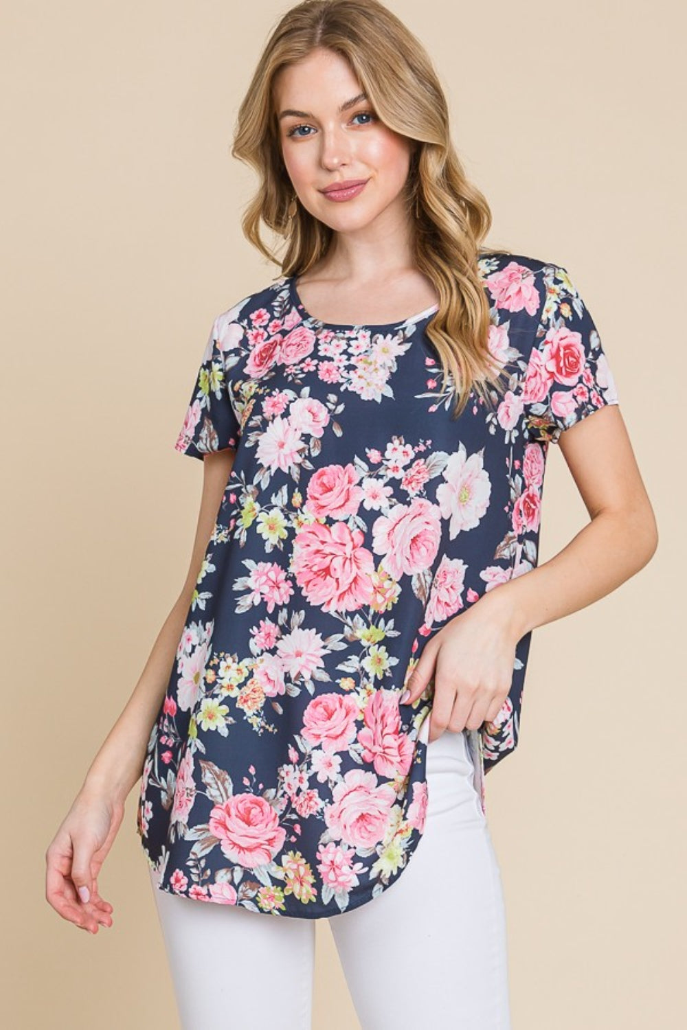 BOMBOM Floral Round Neck Short Sleeve T-Shirt-Jewearrings