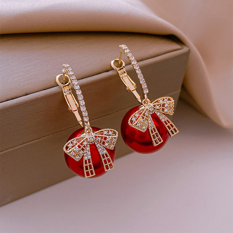 Niche Design Sense High-End Pearl Earrings Bow Retro Circle Earrings Female Net Red-Jewearrings