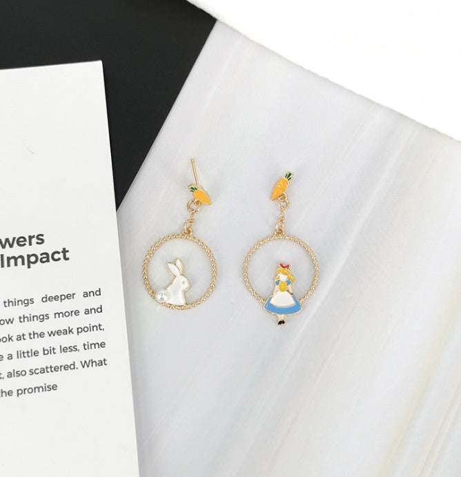 Fashion Popular Sweet Rabbit Earrings Metal Lovely Temperament Asymmetric Joker Girl Drop Glaze Stud Earrings-Jewearrings