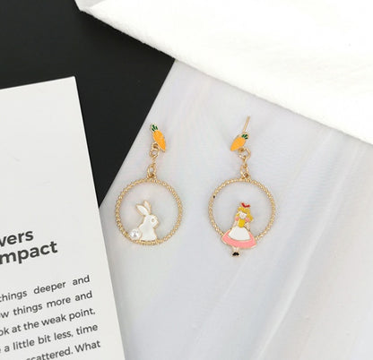 Fashion Popular Sweet Rabbit Earrings Metal Lovely Temperament Asymmetric Joker Girl Drop Glaze Stud Earrings-Jewearrings