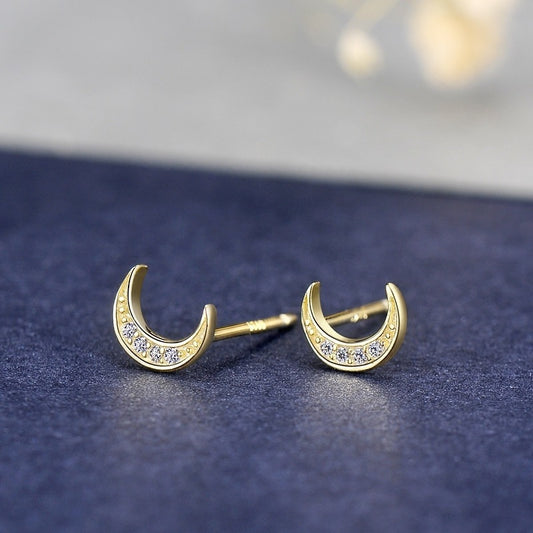 Sterling Silver 14k Gold Plated Mini Crescent Stud Earrings-Jewearrings