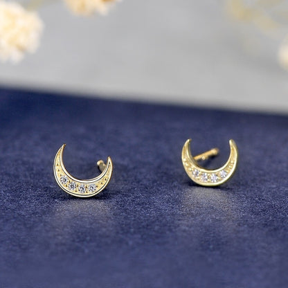 Sterling Silver 14k Gold Plated Mini Crescent Stud Earrings-Jewearrings