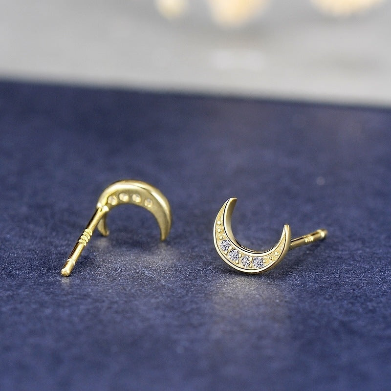 Sterling Silver 14k Gold Plated Mini Crescent Stud Earrings-Jewearrings