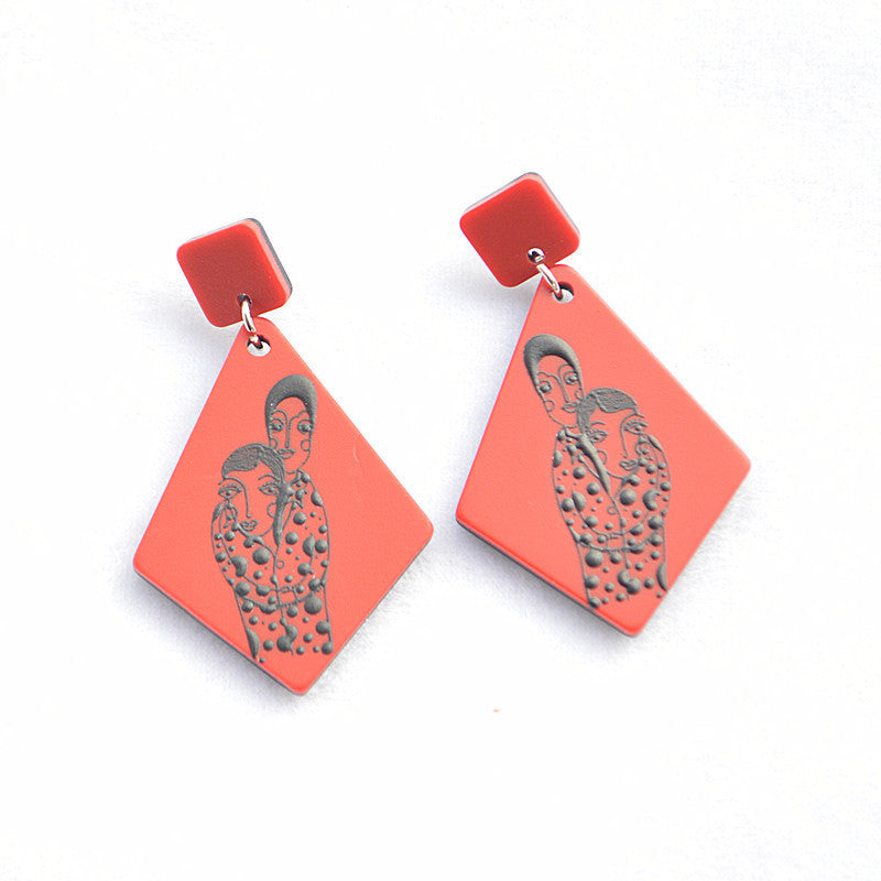 Silver Needle Korean Plate Acetate Earrings Personalized 3D Printing Black and White Sketch Girl Portrait Earrings-Jewearrings