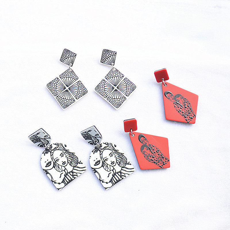 Silver Needle Korean Plate Acetate Earrings Personalized 3D Printing Black and White Sketch Girl Portrait Earrings-Jewearrings