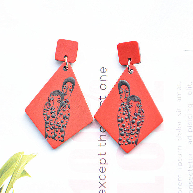 Silver Needle Korean Plate Acetate Earrings Personalized 3D Printing Black and White Sketch Girl Portrait Earrings-Jewearrings