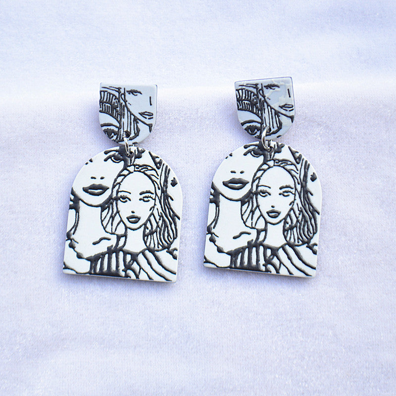 Silver Needle Korean Plate Acetate Earrings Personalized 3D Printing Black and White Sketch Girl Portrait Earrings-Jewearrings