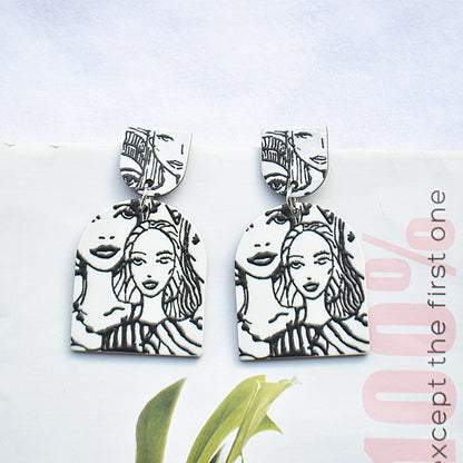 Silver Needle Korean Plate Acetate Earrings Personalized 3D Printing Black and White Sketch Girl Portrait Earrings-Jewearrings