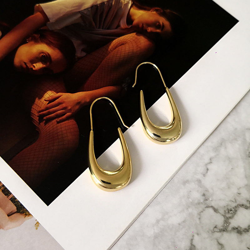 Jane Cold Wind Niche U Shaped Gold Metal Earrings Female Irregular Drop Earrings-Jewearrings