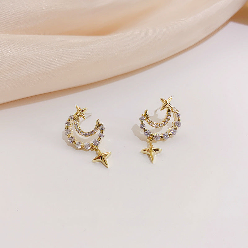 S925 Silver Needle Star And Moon Small Stud Earrings Full Rhinestone Earrings All-match Cute Earrings-Jewearrings