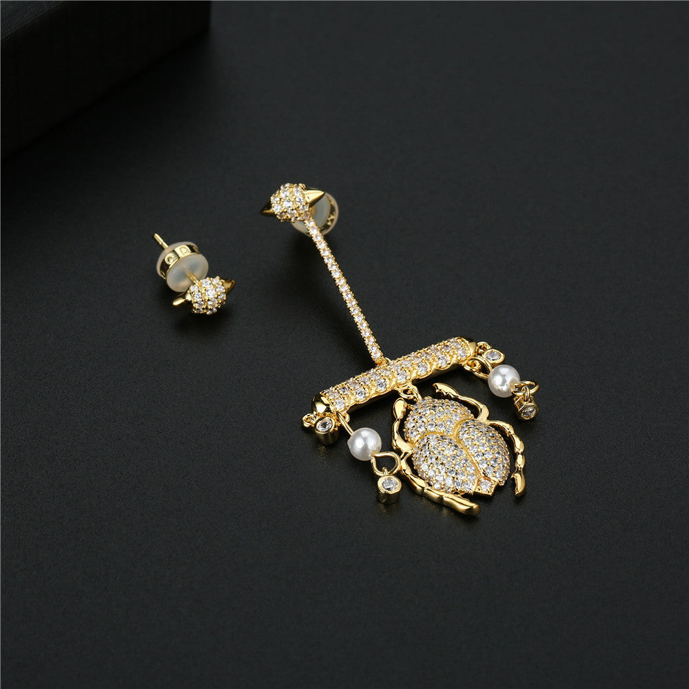 Silver S925 Sterling Silver Micro-set Crystal Diamonds A Home Meilong Version Asymmetric Scarab Earrings-Jewearrings