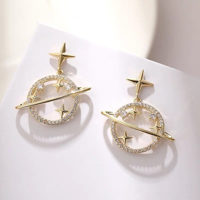 Korean Fashion Universe Planet Star Drop Earrings for Women Aesthetic Zircon Dangle Earrings Trendy Femme Saturn Jewelry-Jewearrings