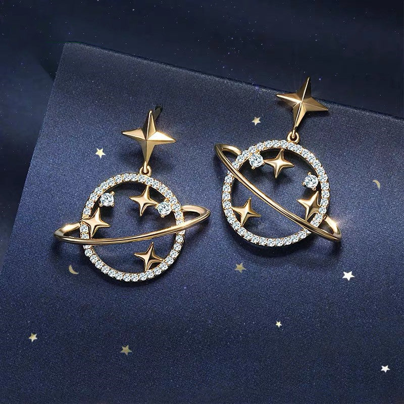 Korean Fashion Universe Planet Star Drop Earrings for Women Aesthetic Zircon Dangle Earrings Trendy Femme Saturn Jewelry-Jewearrings