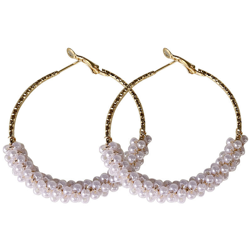 Simple And Versatile Retro Fashion Metal Circle Pearl Winding Geometric Hoop Earrings-Jewearrings