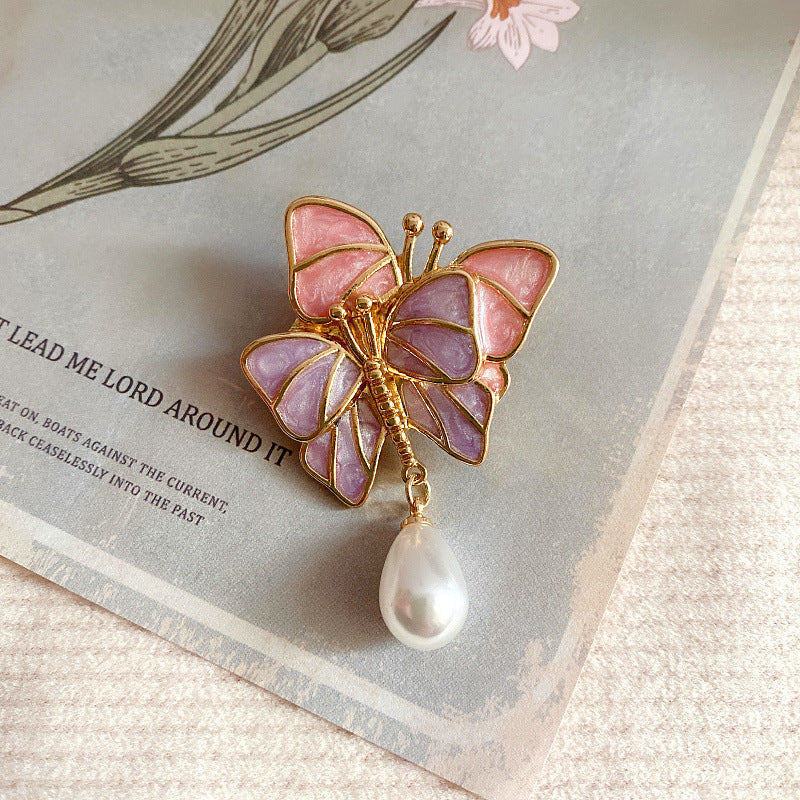 New Wholesale Retro French Butterfly Enamel Freshwater Pearl Brooch S925 Silver Needle Stud Earrings Exquisite Pin Earrings-Jewearrings