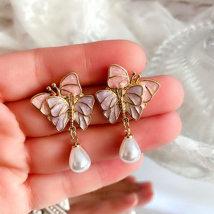 New Wholesale Retro French Butterfly Enamel Freshwater Pearl Brooch S925 Silver Needle Stud Earrings Exquisite Pin Earrings-Jewearrings