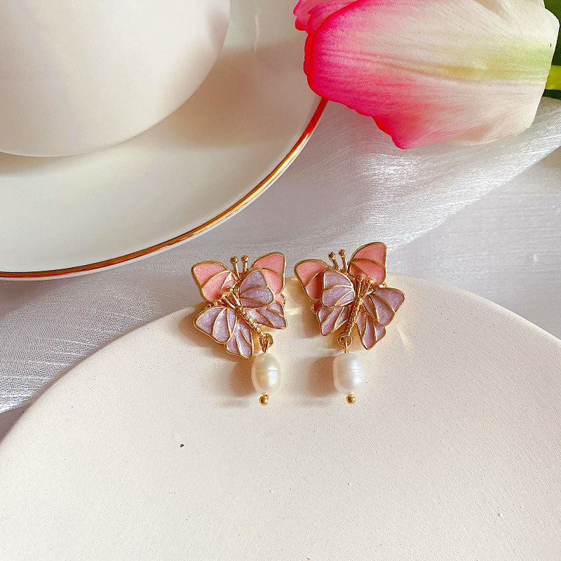 New Wholesale Retro French Butterfly Enamel Freshwater Pearl Brooch S925 Silver Needle Stud Earrings Exquisite Pin Earrings-Jewearrings