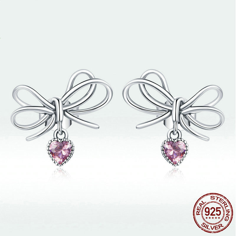 Sterling Silver Bow Set Ring Earrings Christmas Purple Zircon Jewelry-Jewearrings