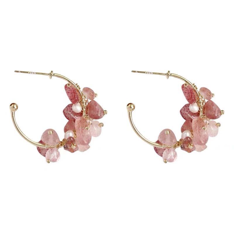 Palace Style Natural Pearl Powder Crystal Strawberry Girl Super Fairy Niche 925 Silver Needle Earrings-Jewearrings