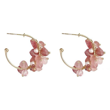 Palace Style Natural Pearl Powder Crystal Strawberry Girl Super Fairy Niche 925 Silver Needle Earrings-Jewearrings