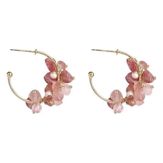 Palace Style Natural Pearl Powder Crystal Strawberry Girl Super Fairy Niche 925 Silver Needle Earrings-Jewearrings