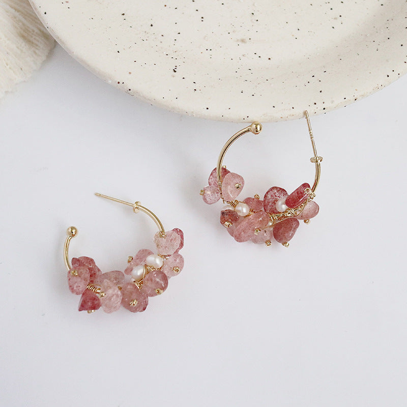 Palace Style Natural Pearl Powder Crystal Strawberry Girl Super Fairy Niche 925 Silver Needle Earrings-Jewearrings