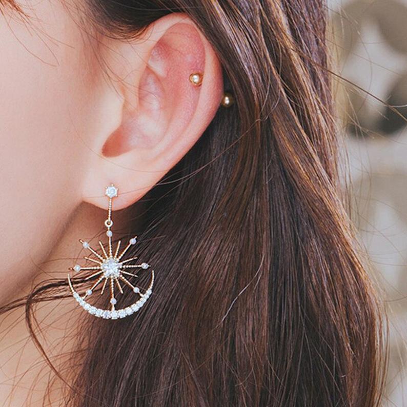 New Star and Moon Earrings S925 Silver Needle Earrings Temperament Sun Star Moon Net Red Earrings-Jewearrings