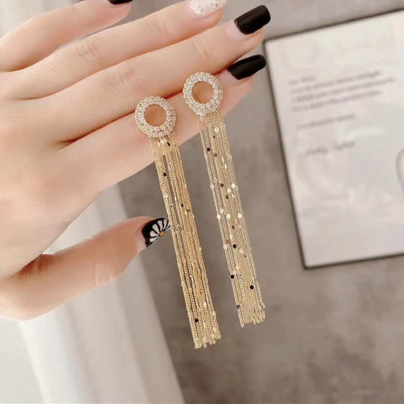 925 Silver Needle Dongdaemun Rhinestone Circle Super Fairy Tassel Earrings-Jewearrings