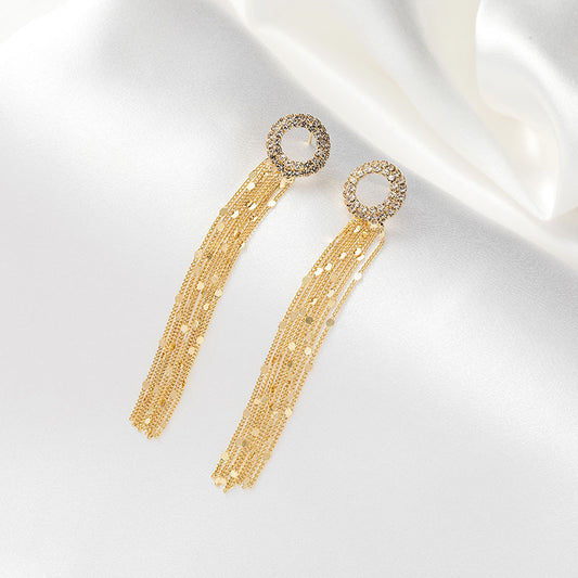 925 Silver Needle Dongdaemun Rhinestone Circle Super Fairy Tassel Earrings-Jewearrings