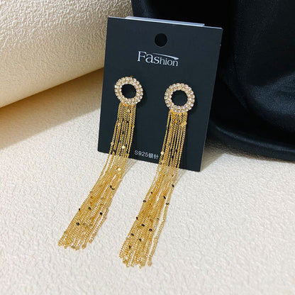 925 Silver Needle Dongdaemun Rhinestone Circle Super Fairy Tassel Earrings-Jewearrings