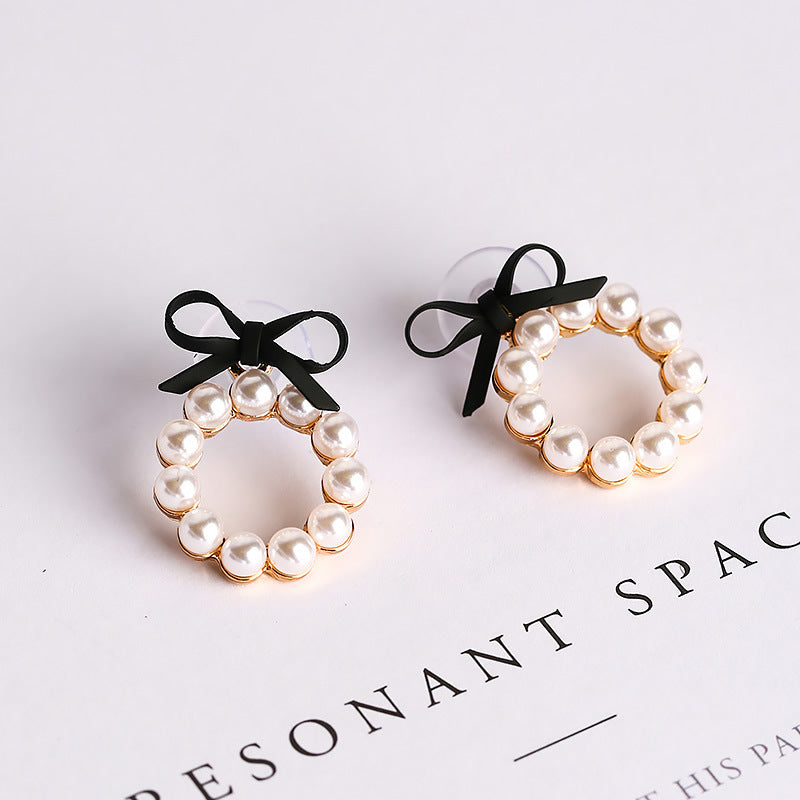 Spring And Summer New Arrival Geometric Pearls Chic Small Cute Girly Round Bow Earrings-Jewearrings