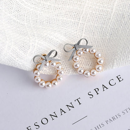 Spring And Summer New Arrival Geometric Pearls Chic Small Cute Girly Round Bow Earrings-Jewearrings